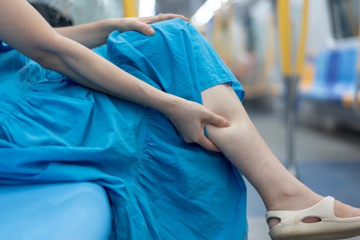 A woman grabs her lower leg while riding the subway/Getty Images