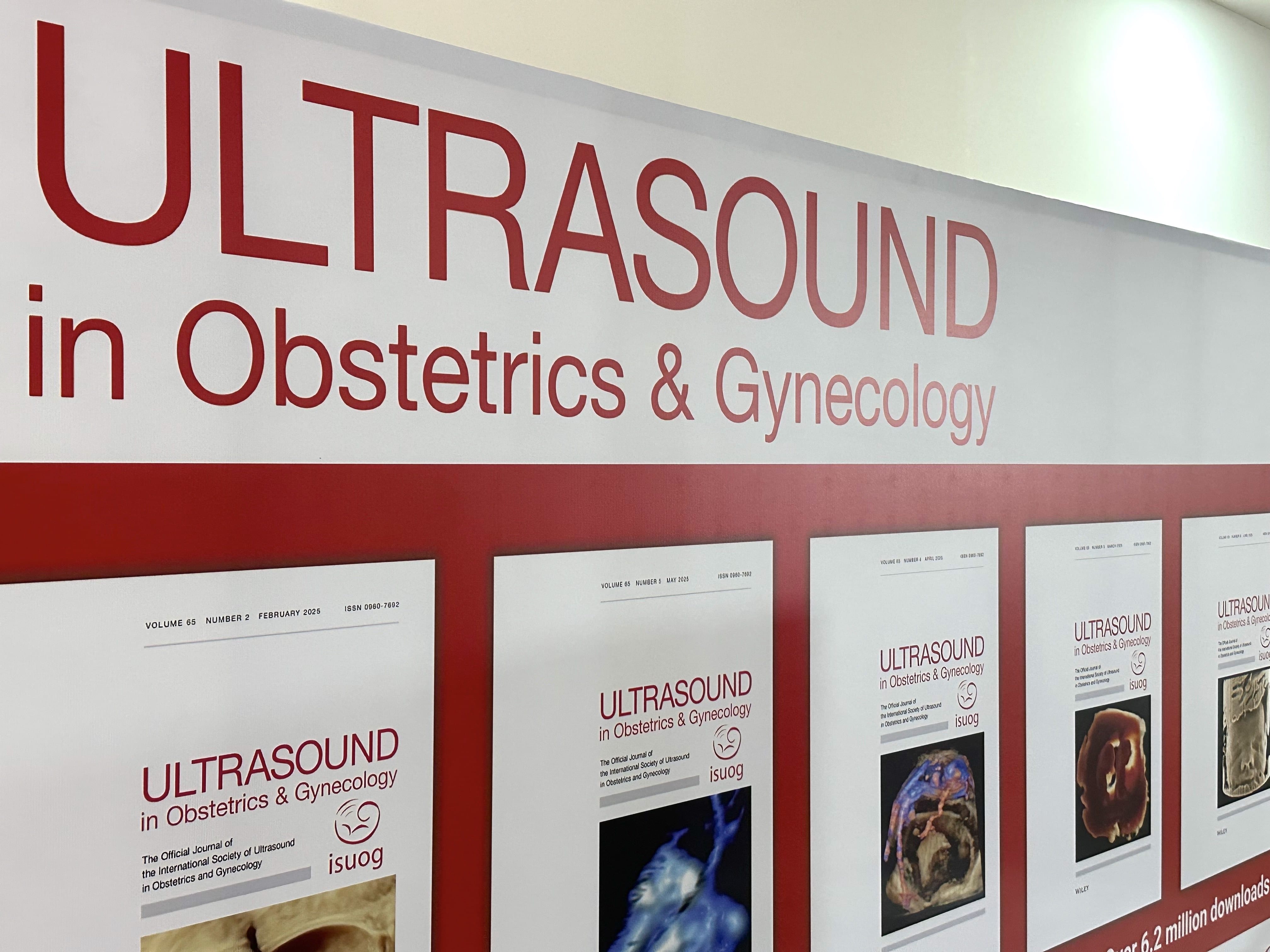 Photo shows an information panel at the International Society of Ultrasound in Obstetrics & Gynecology's 2025 conference in Cancún, Mexico. (Photo by Larry Luxner)